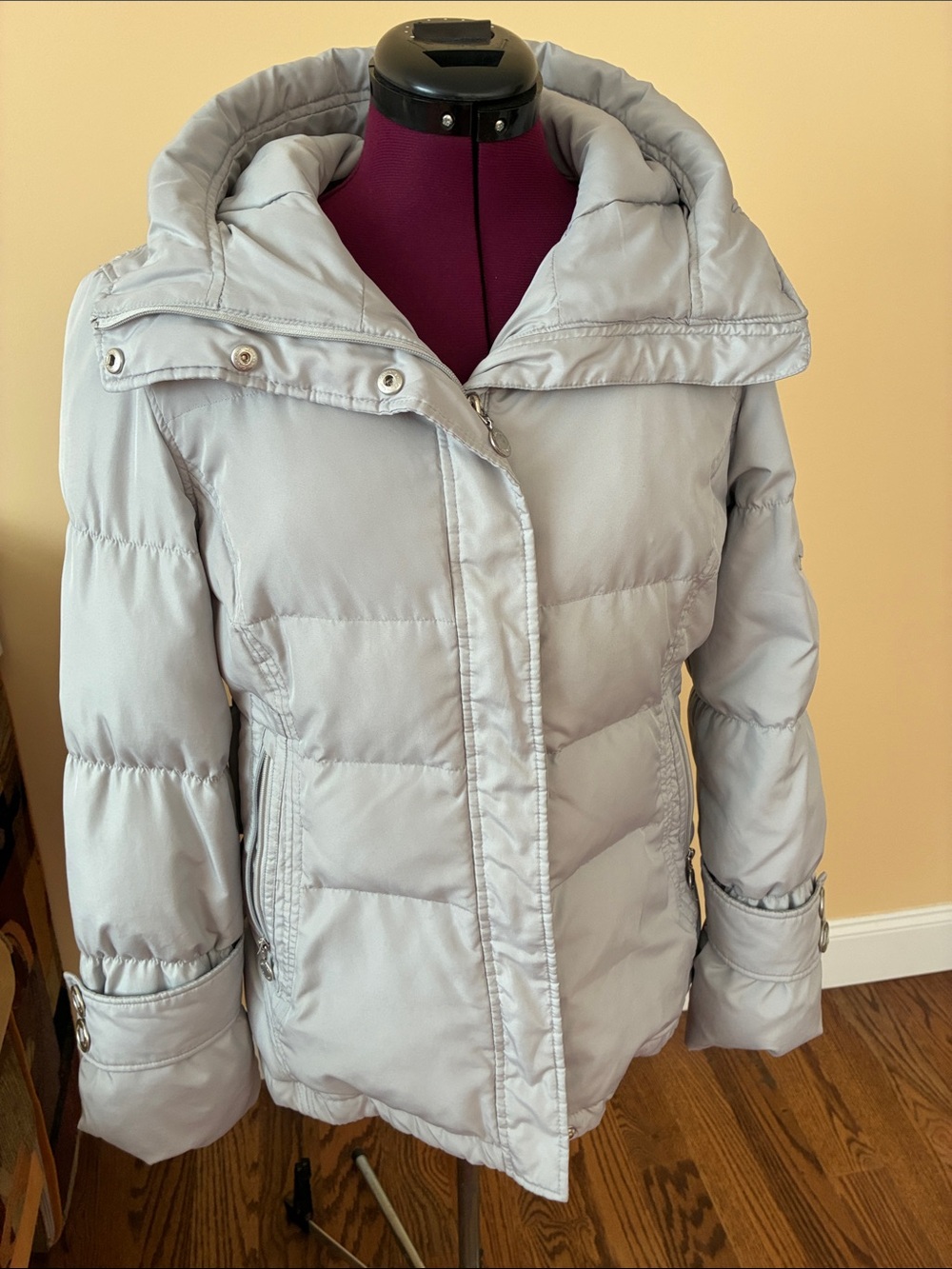 Calvin Klein Light Gray Hooded Quilted Puffer Jacket